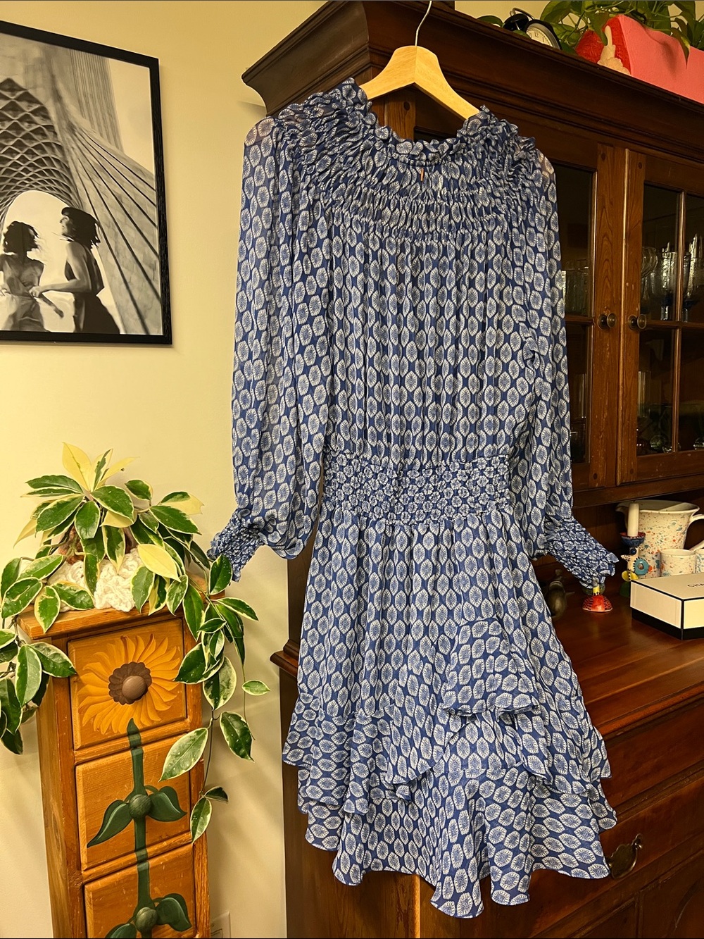 Anthropologie /MISS blue flowy Printed Smocked Waist Long Sleeve Dress L